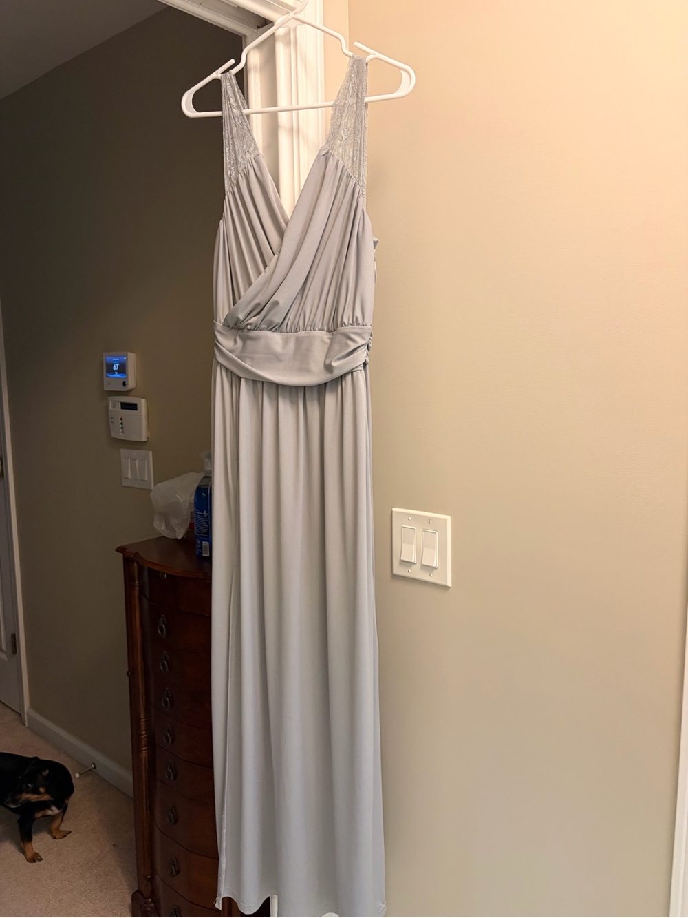 Sleeveless Light Gray Maxi Dress with V-Neck and Ruched Waist